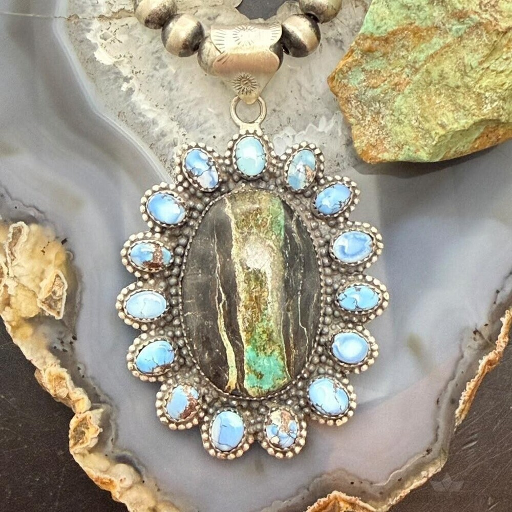 Sterling Southwestern Style Blackjack &Golden Hill Turquoise Cluster Pendant